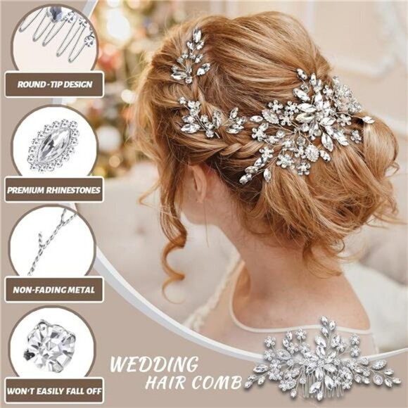 4 Pc Bride Wedding Hair Comb Pearl Flower Hair Piece Rhinestone Silver Hair Clip - Picture 5 of 7